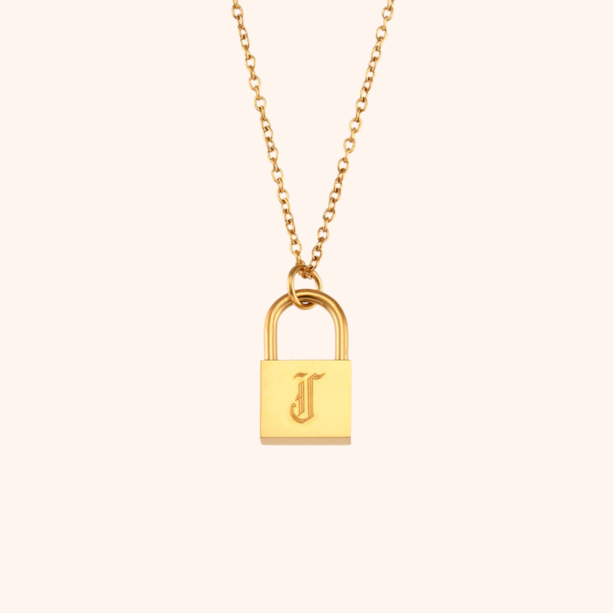 18k gold lock pendant necklace with engraved letter J